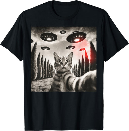 Cat Selfie UFO Alien Humor Fun Top for Men and Women